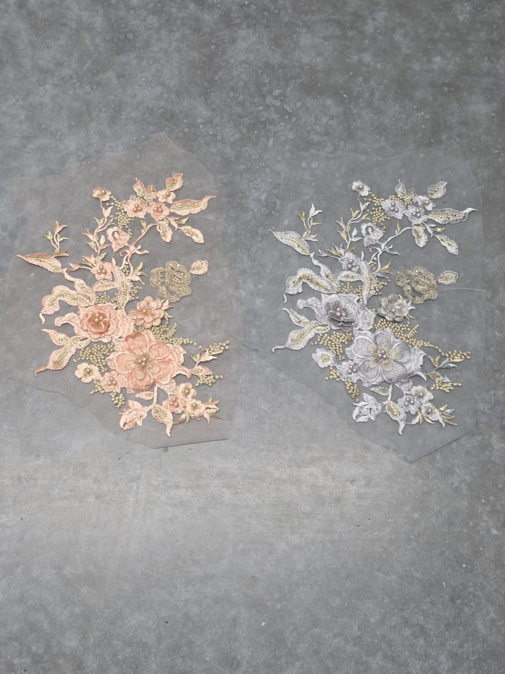 Floral Embroidered Applique Pair in Peach and Silver 3D